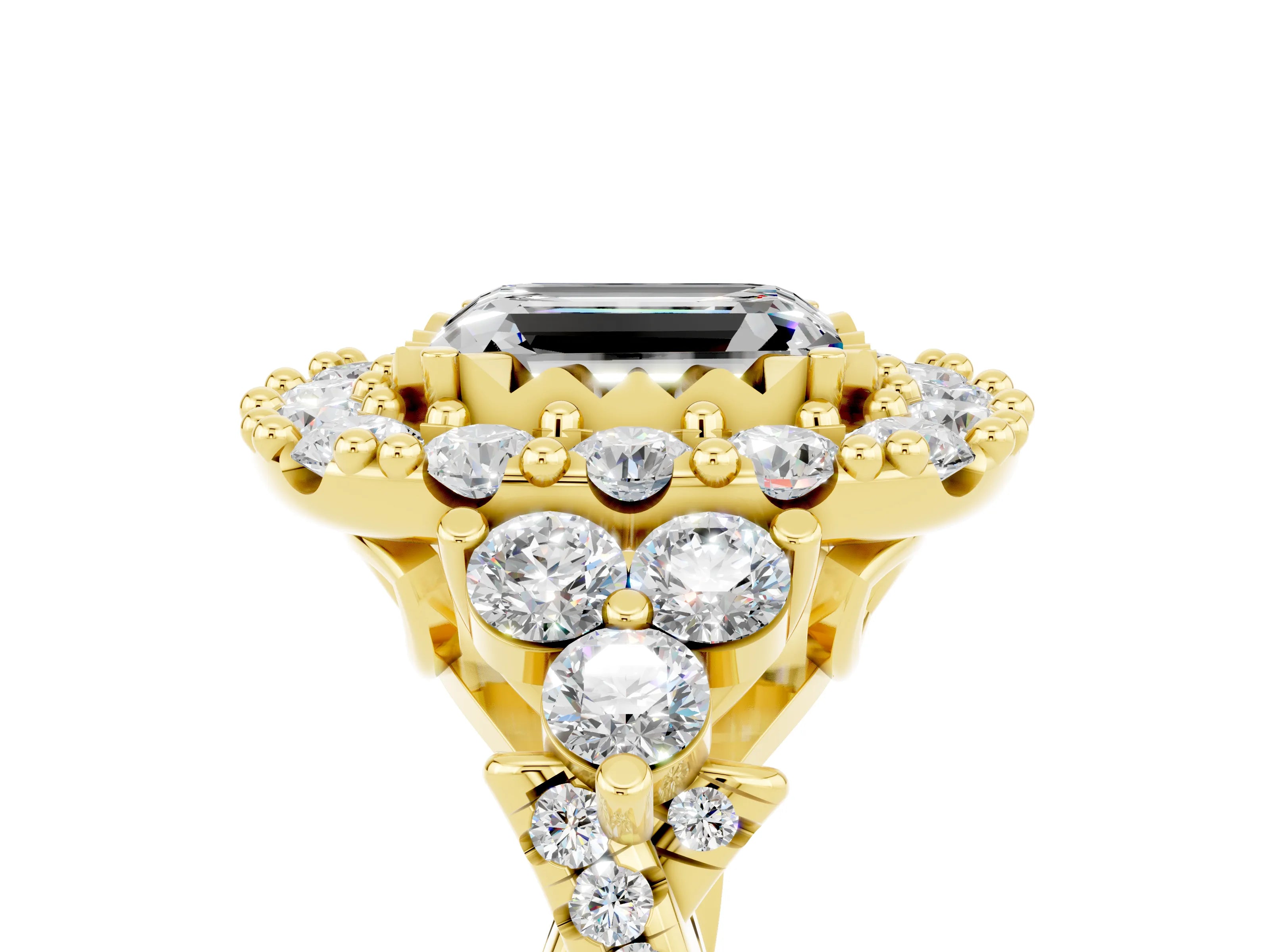 Yellow gold Emerald Cut Moissanite Halo Ring with Pavé Band and Four-Prong Setting_17