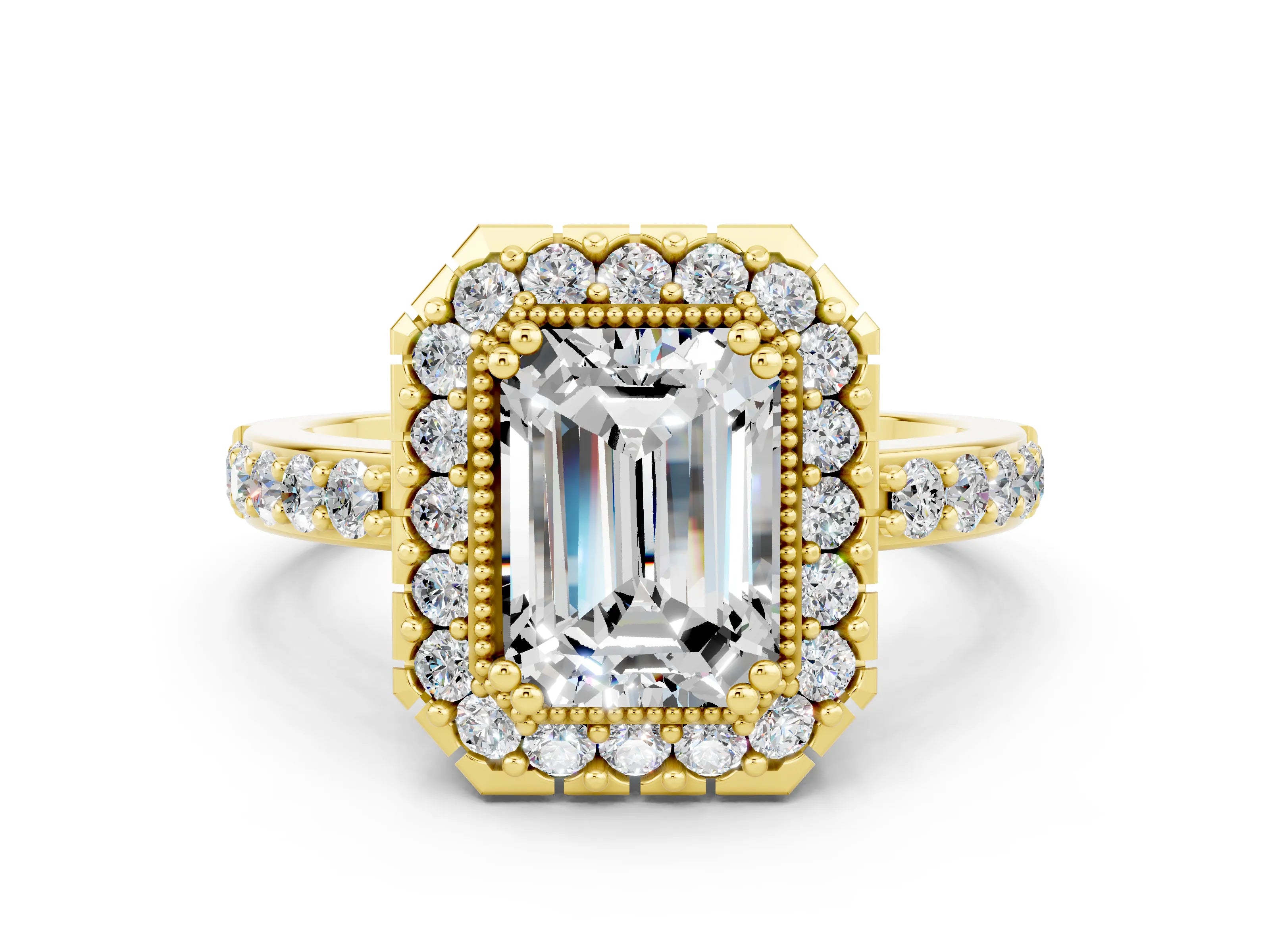 Yellow gold Emerald Cut Moissanite Halo Ring with Pavé Band and Prong Setting