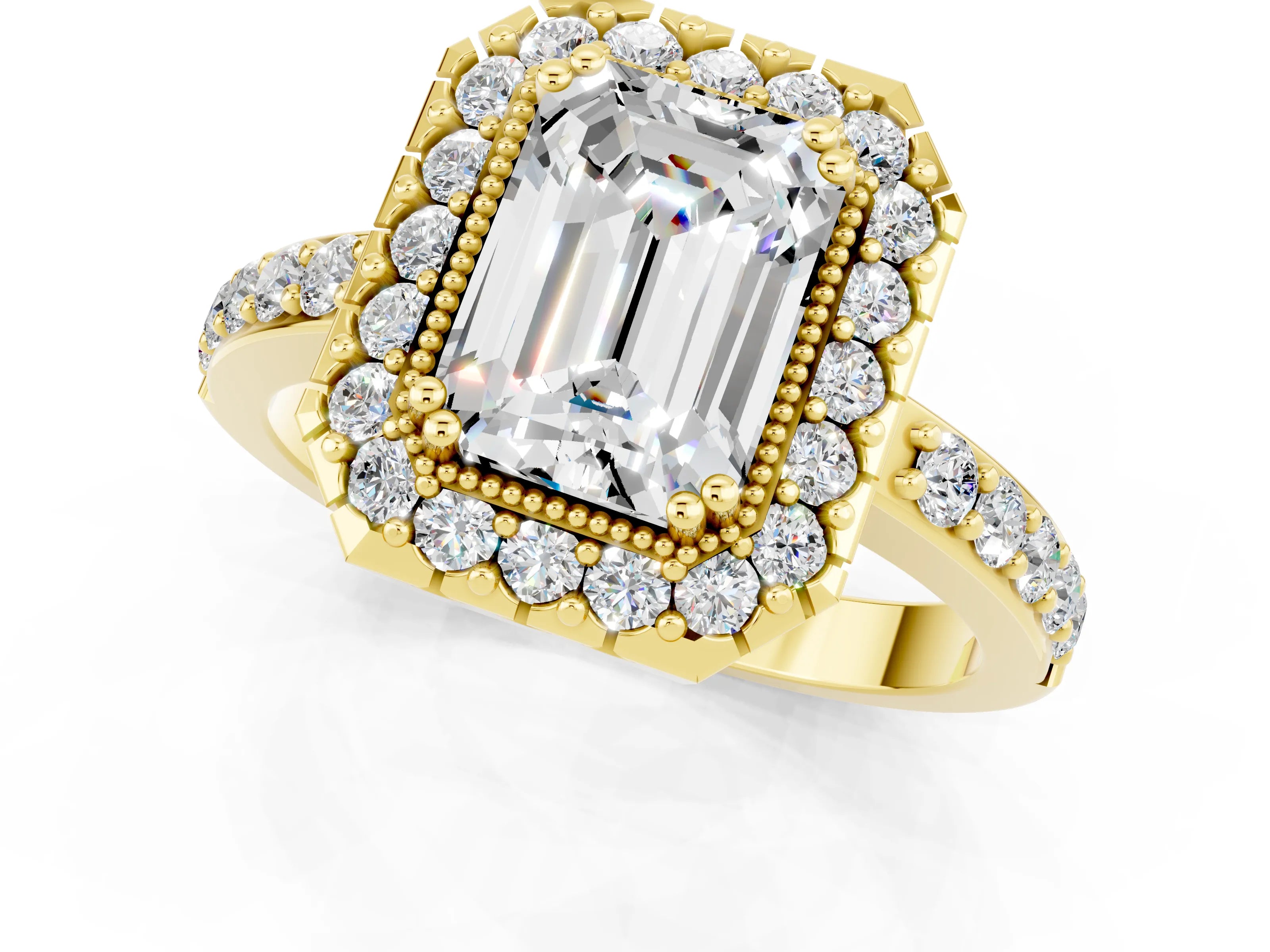 Yellow gold Emerald Cut Moissanite Halo Ring with Pavé Band and Prong Setting_1