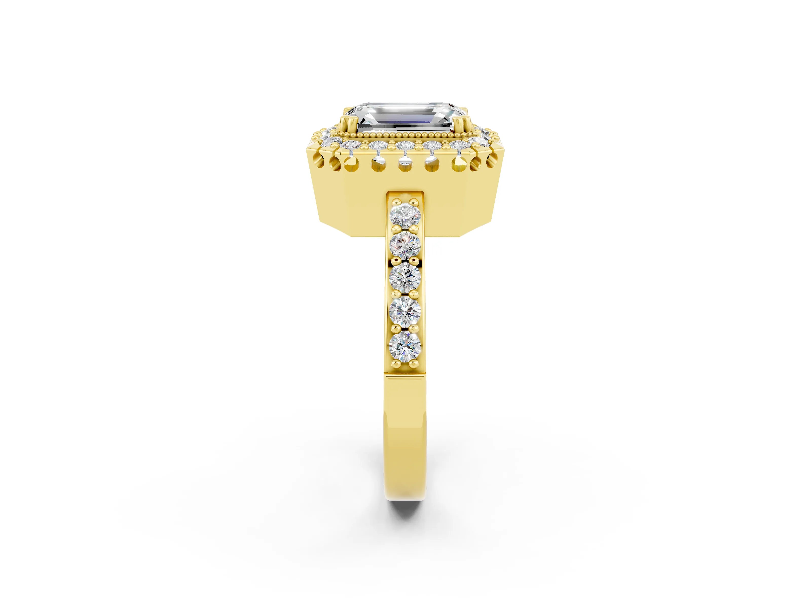 Yellow gold Emerald Cut Moissanite Halo Ring with Pavé Band and Prong Setting_2