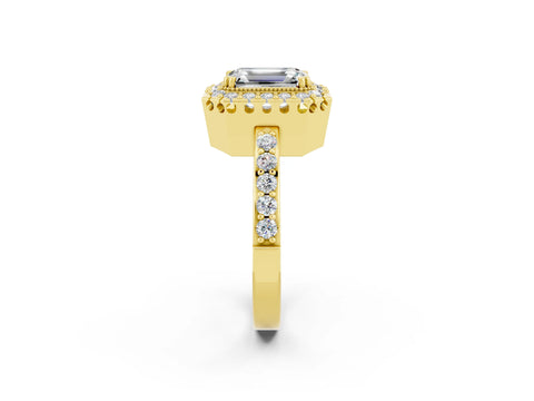 Yellow gold Emerald Cut Moissanite Halo Ring with Pavé Band and Prong Setting_2