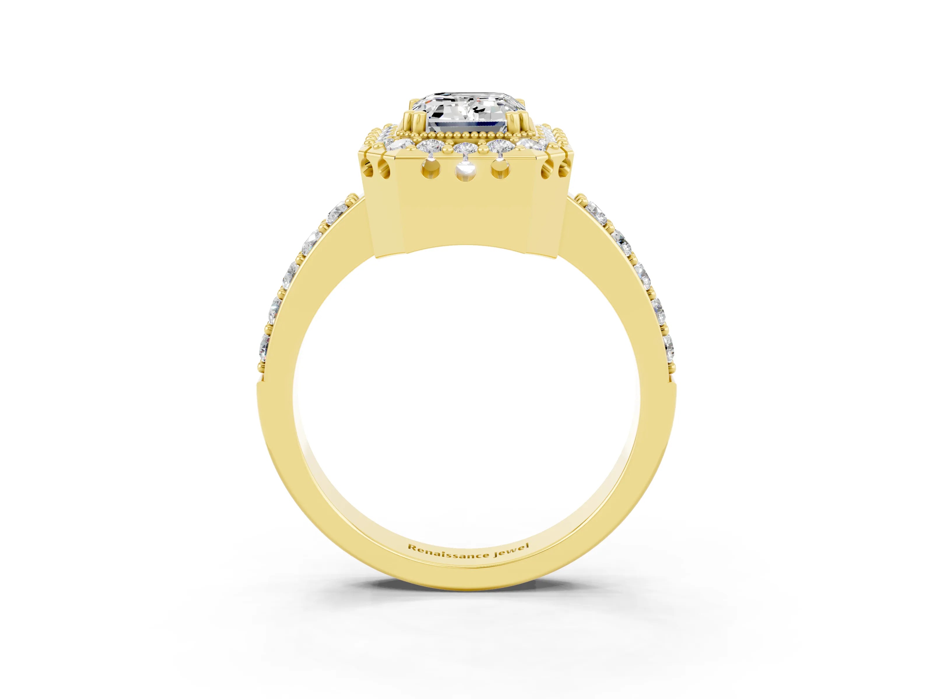 Yellow gold Emerald Cut Moissanite Halo Ring with Pavé Band and Prong Setting_3
