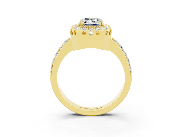 Yellow gold Emerald Cut Moissanite Halo Ring with Pavé Band and Prong Setting