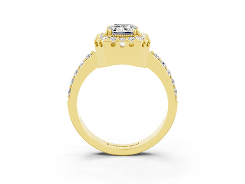 Yellow gold Emerald Cut Moissanite Halo Ring with Pavé Band and Prong Setting_3