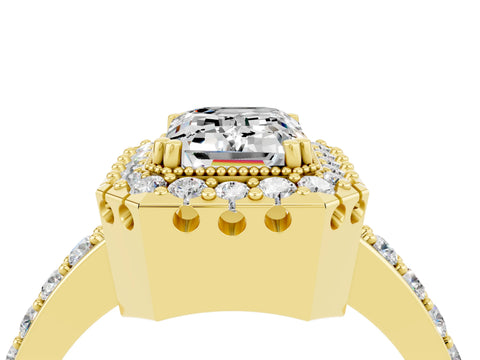 Yellow gold Emerald Cut Moissanite Halo Ring with Pavé Band and Prong Setting_4
