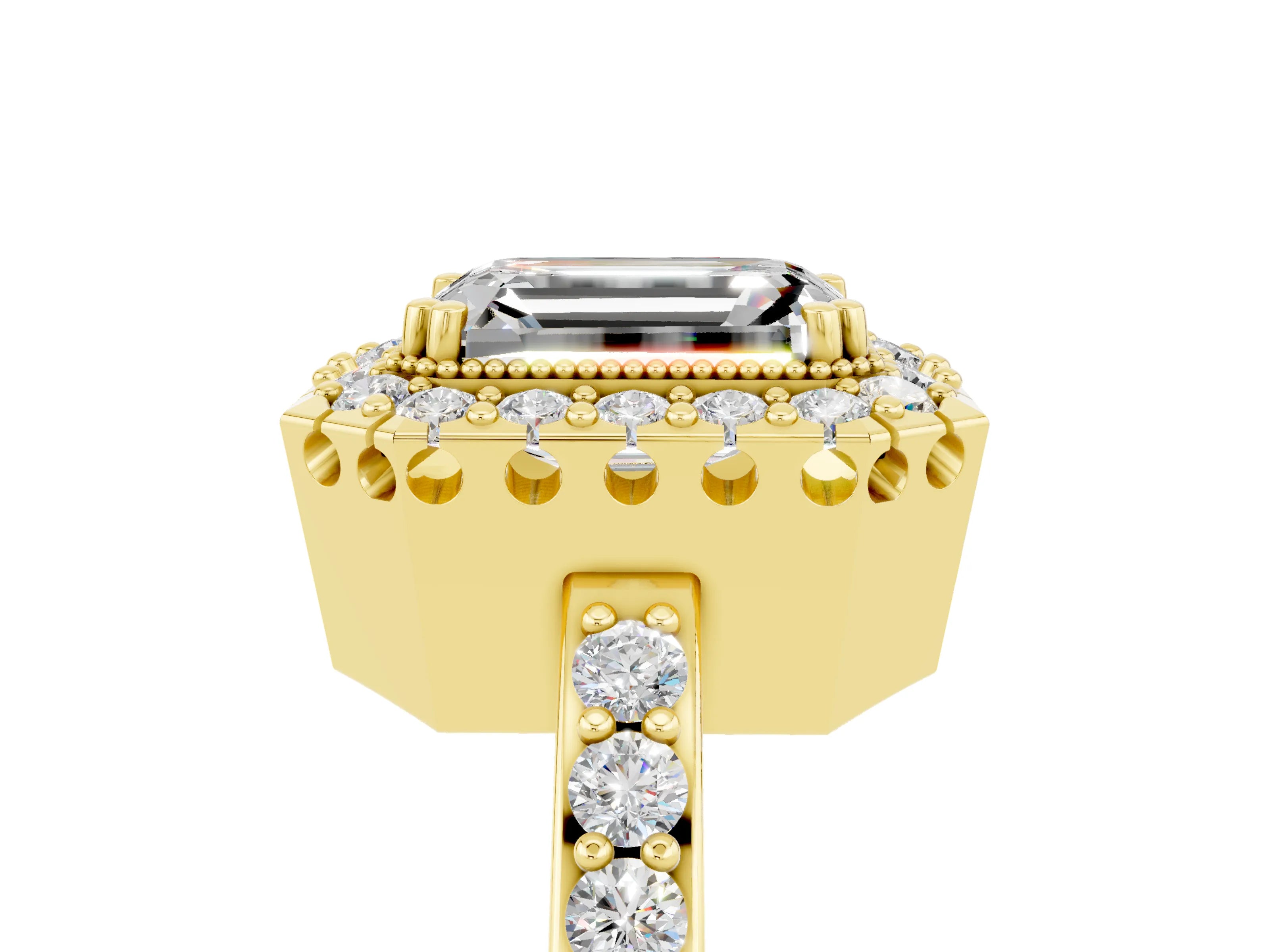 Yellow gold Emerald Cut Moissanite Halo Ring with Pavé Band and Prong Setting_5