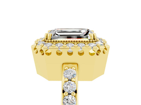 Yellow gold Emerald Cut Moissanite Halo Ring with Pavé Band and Prong Setting_5