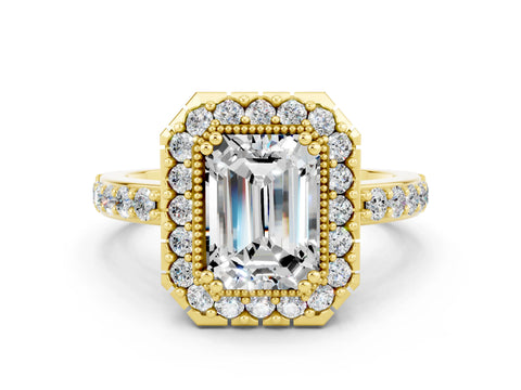 Yellow gold Emerald Cut Moissanite Halo Ring with Pavé Band and Prong Setting