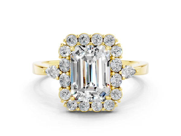 Yellow gold Emerald Cut Moissanite Halo Ring with Pear Side Stones and Prong Setting