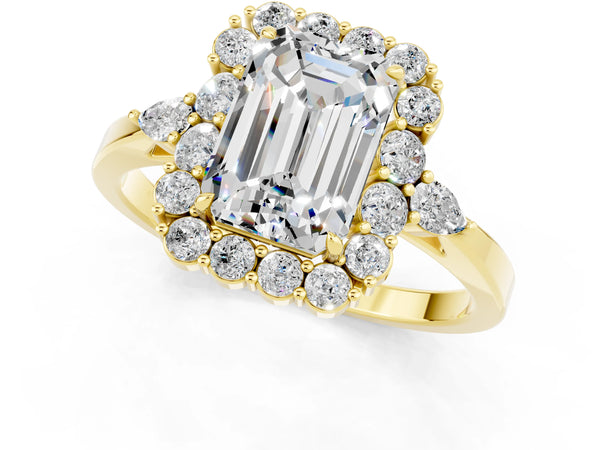Yellow gold Emerald Cut Moissanite Halo Ring with Pear Side Stones and Prong Setting