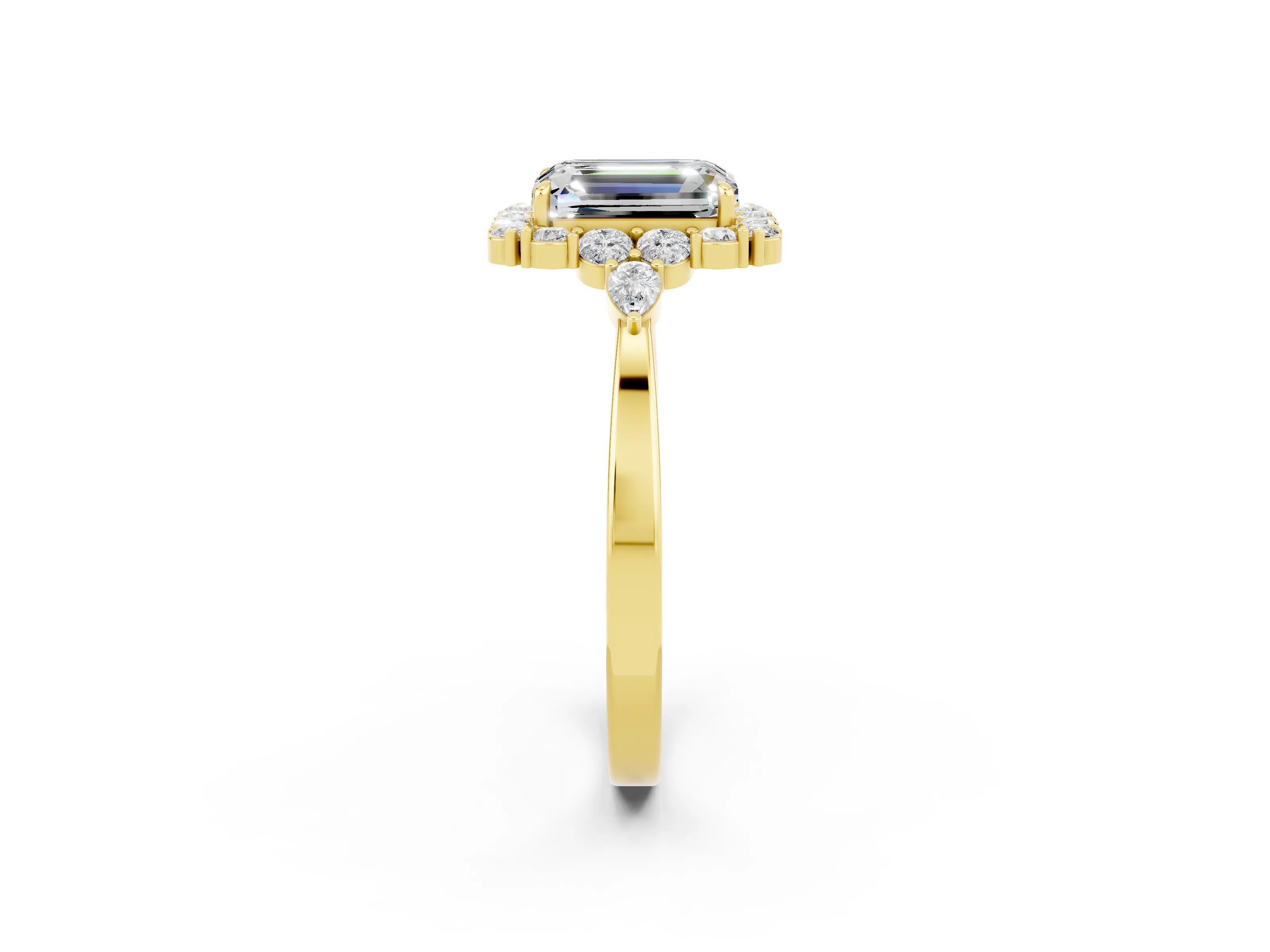 Yellow gold Emerald Cut Moissanite Halo Ring with Pear Side Stones and Prong Setting_14