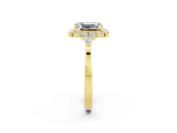 Yellow gold Emerald Cut Moissanite Halo Ring with Pear Side Stones and Prong Setting