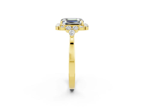 Yellow gold Emerald Cut Moissanite Halo Ring with Pear Side Stones and Prong Setting_14