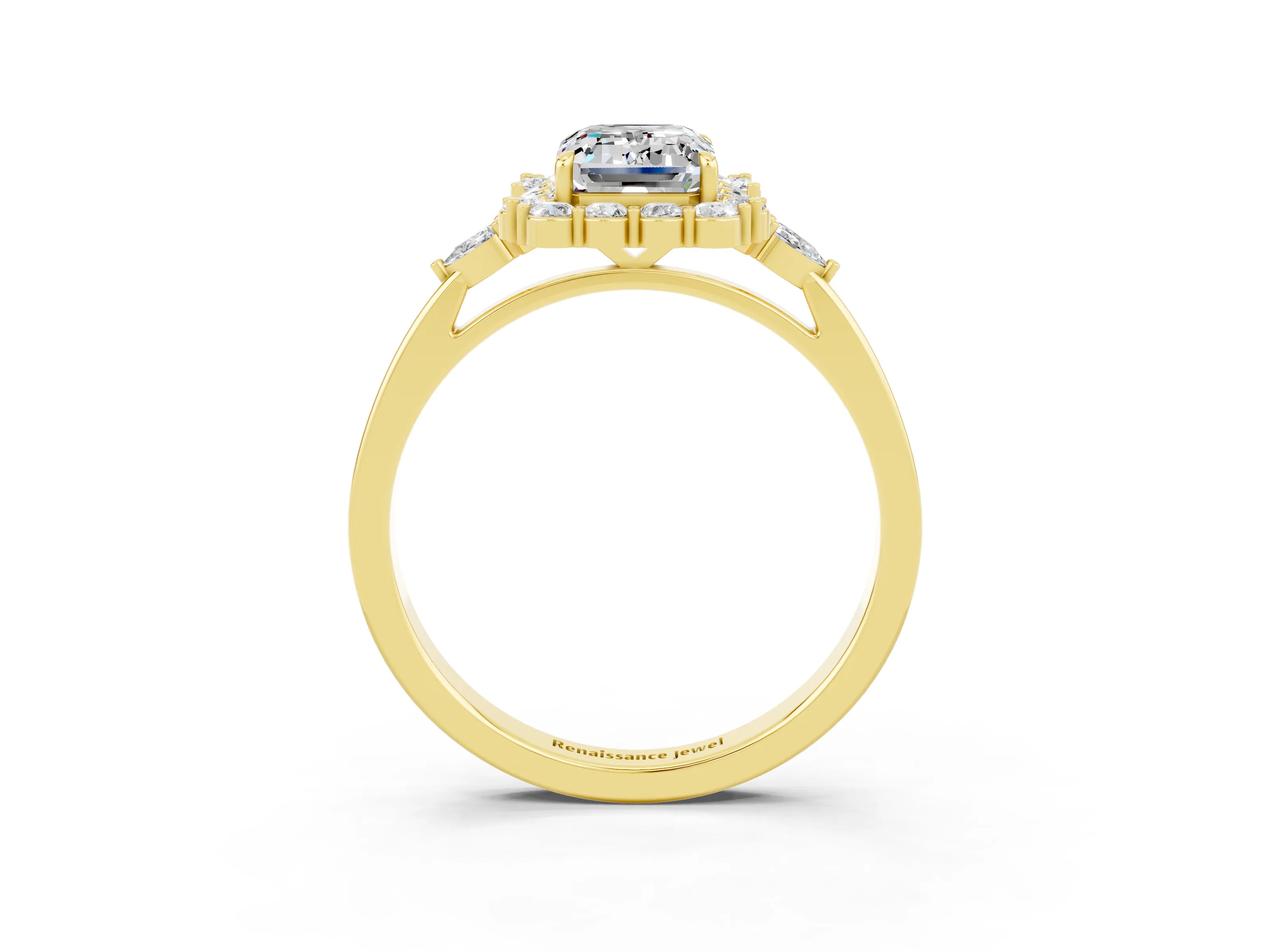 Yellow gold Emerald Cut Moissanite Halo Ring with Pear Side Stones and Prong Setting_15