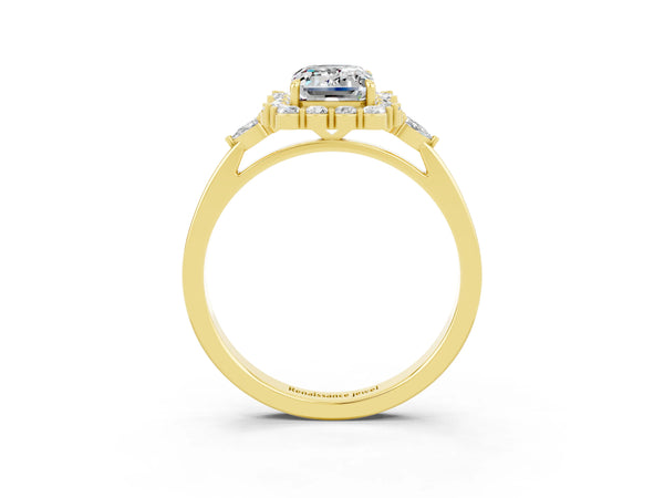 Yellow gold Emerald Cut Moissanite Halo Ring with Pear Side Stones and Prong Setting