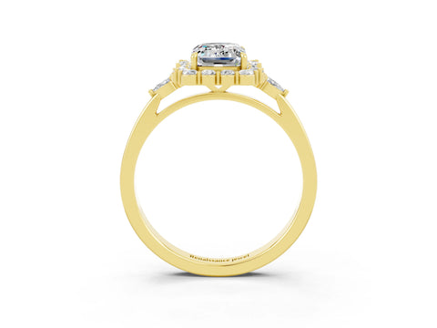Yellow gold Emerald Cut Moissanite Halo Ring with Pear Side Stones and Prong Setting_15