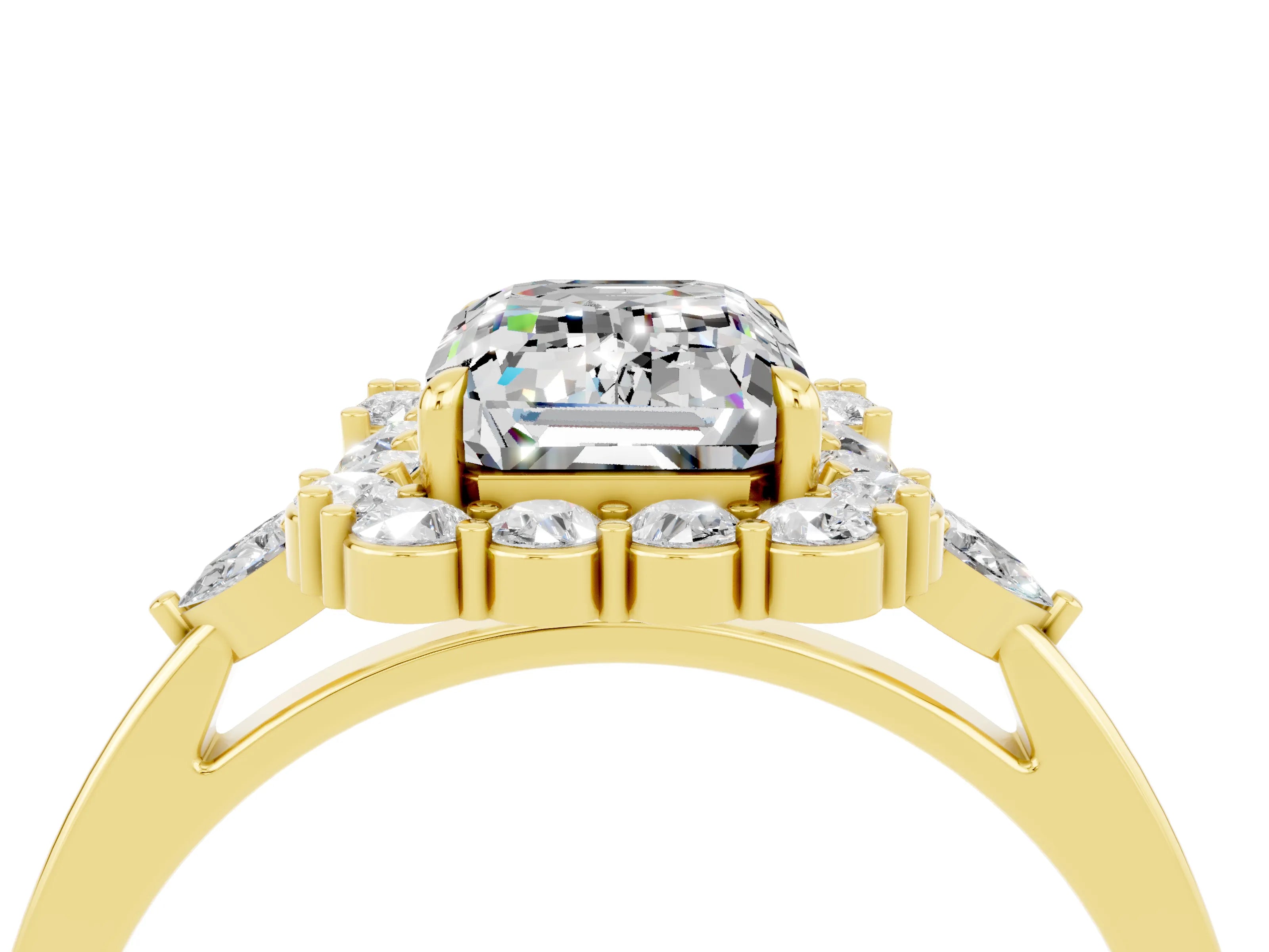 Yellow gold Emerald Cut Moissanite Halo Ring with Pear Side Stones and Prong Setting_16