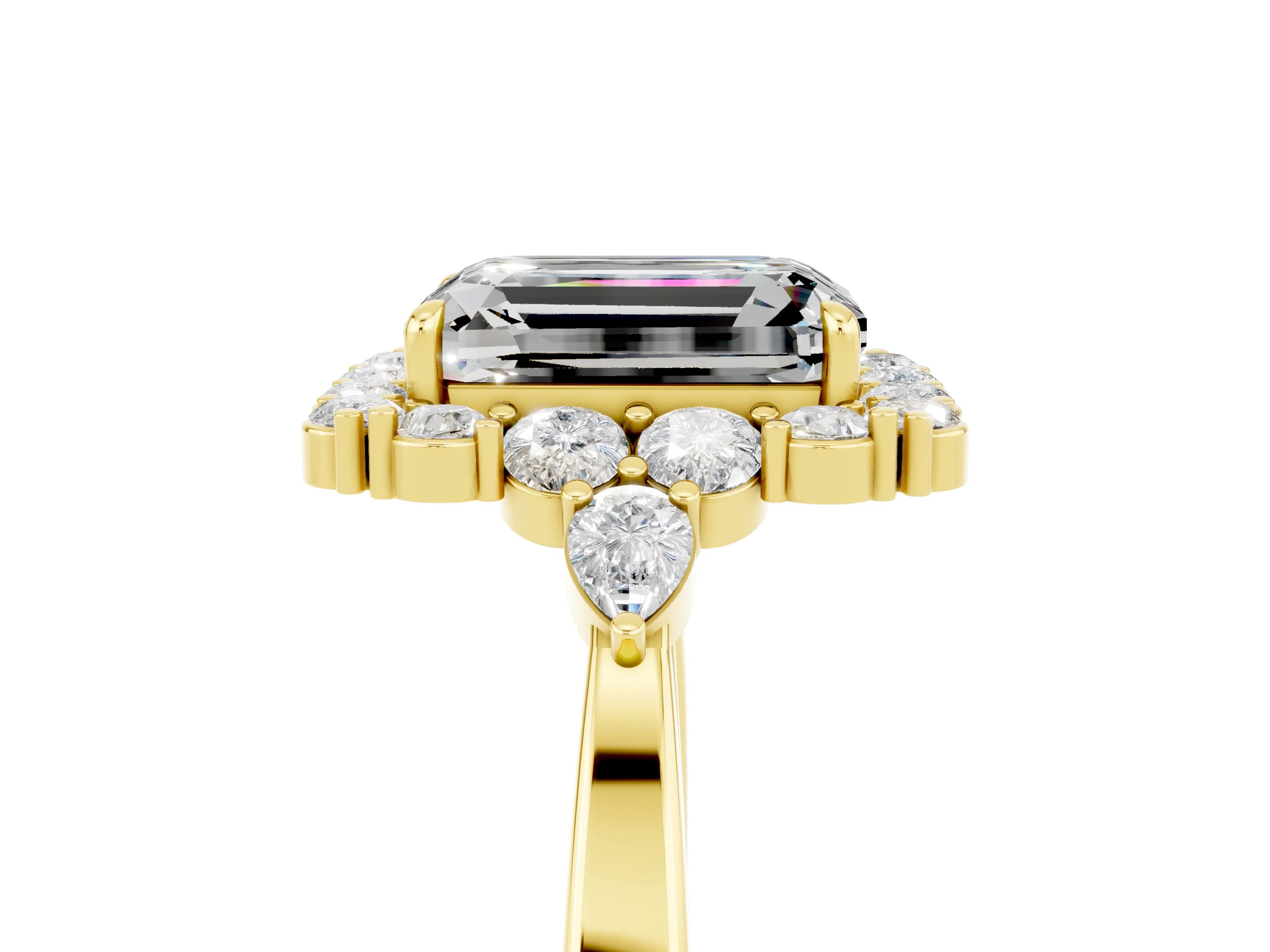 Yellow gold Emerald Cut Moissanite Halo Ring with Pear Side Stones and Prong Setting_17