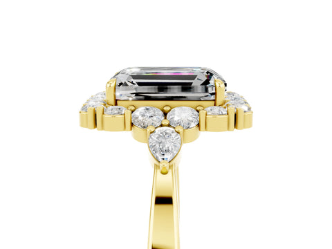 Yellow gold Emerald Cut Moissanite Halo Ring with Pear Side Stones and Prong Setting_17