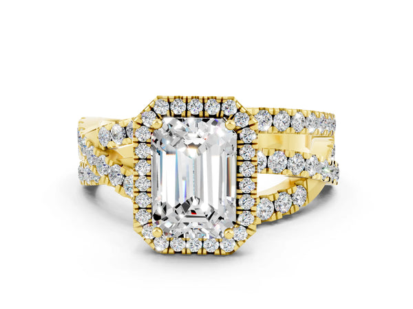 Yellow gold Emerald Cut Moissanite Halo Ring with Round Split Shank and Prong Setting
