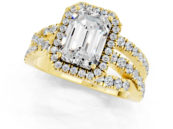 Yellow gold Emerald Cut Moissanite Halo Ring with Round Split Shank and Prong Setting