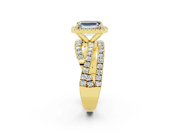 Yellow gold Emerald Cut Moissanite Halo Ring with Round Split Shank and Prong Setting