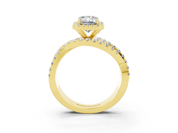 Yellow gold Emerald Cut Moissanite Halo Ring with Round Split Shank and Prong Setting