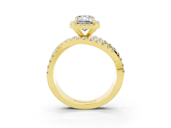 Yellow gold Emerald Cut Moissanite Halo Ring with Round Split Shank and Prong Setting