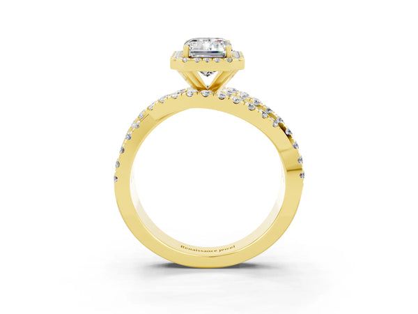 Yellow gold Emerald Cut Moissanite Halo Ring with Round Split Shank and Prong Setting