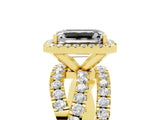 Yellow gold Emerald Cut Moissanite Halo Ring with Round Split Shank and Prong Setting_53