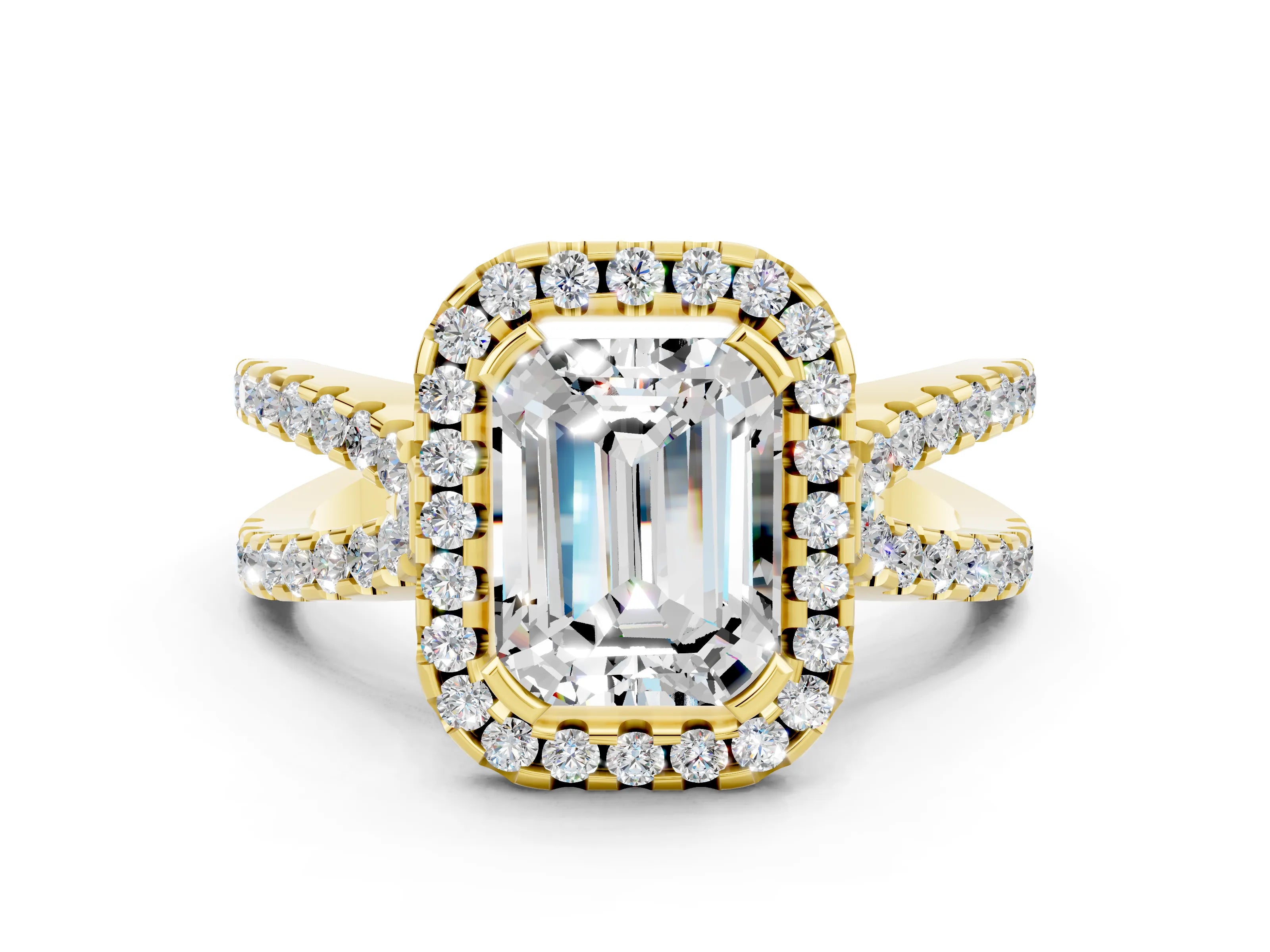 Yellow gold Emerald Cut Moissanite Halo Ring with Split Shank Pavé Band and Prong Setting