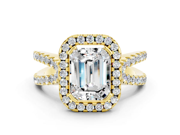 Yellow gold Emerald Cut Moissanite Halo Ring with Split Shank Pavé Band and Prong Setting