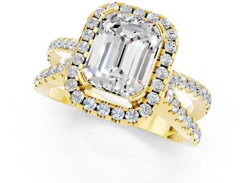 Yellow gold Emerald Cut Moissanite Halo Ring with Split Shank Pavé Band and Prong Setting_1