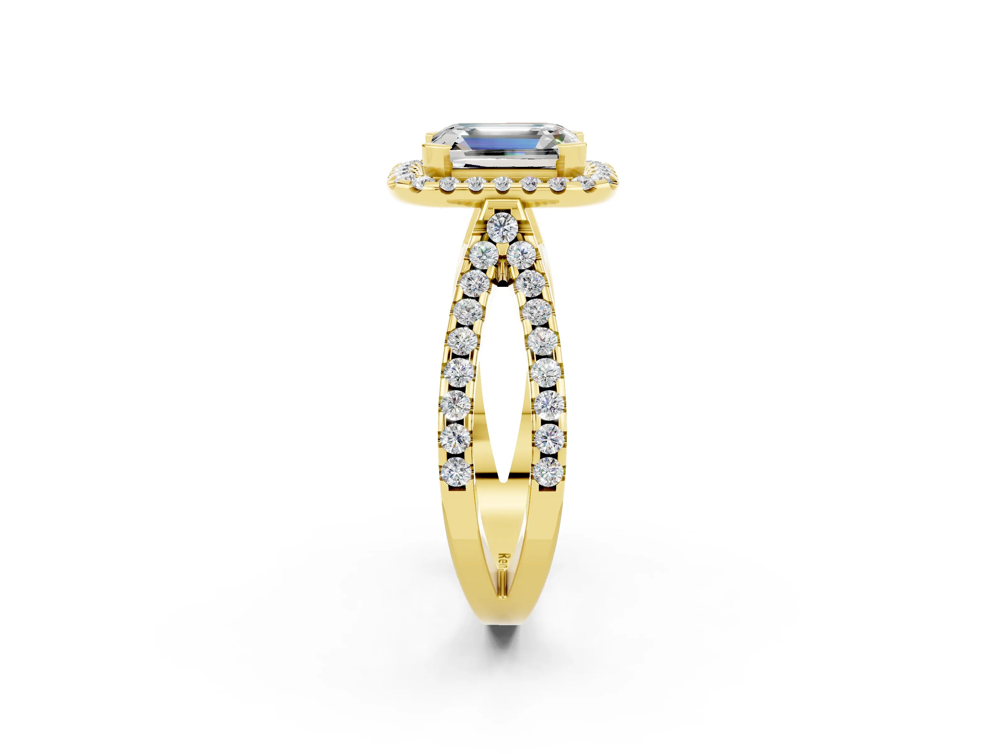 Yellow gold Emerald Cut Moissanite Halo Ring with Split Shank Pavé Band and Prong Setting_2