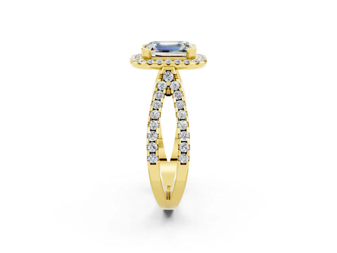 Yellow gold Emerald Cut Moissanite Halo Ring with Split Shank Pavé Band and Prong Setting_2