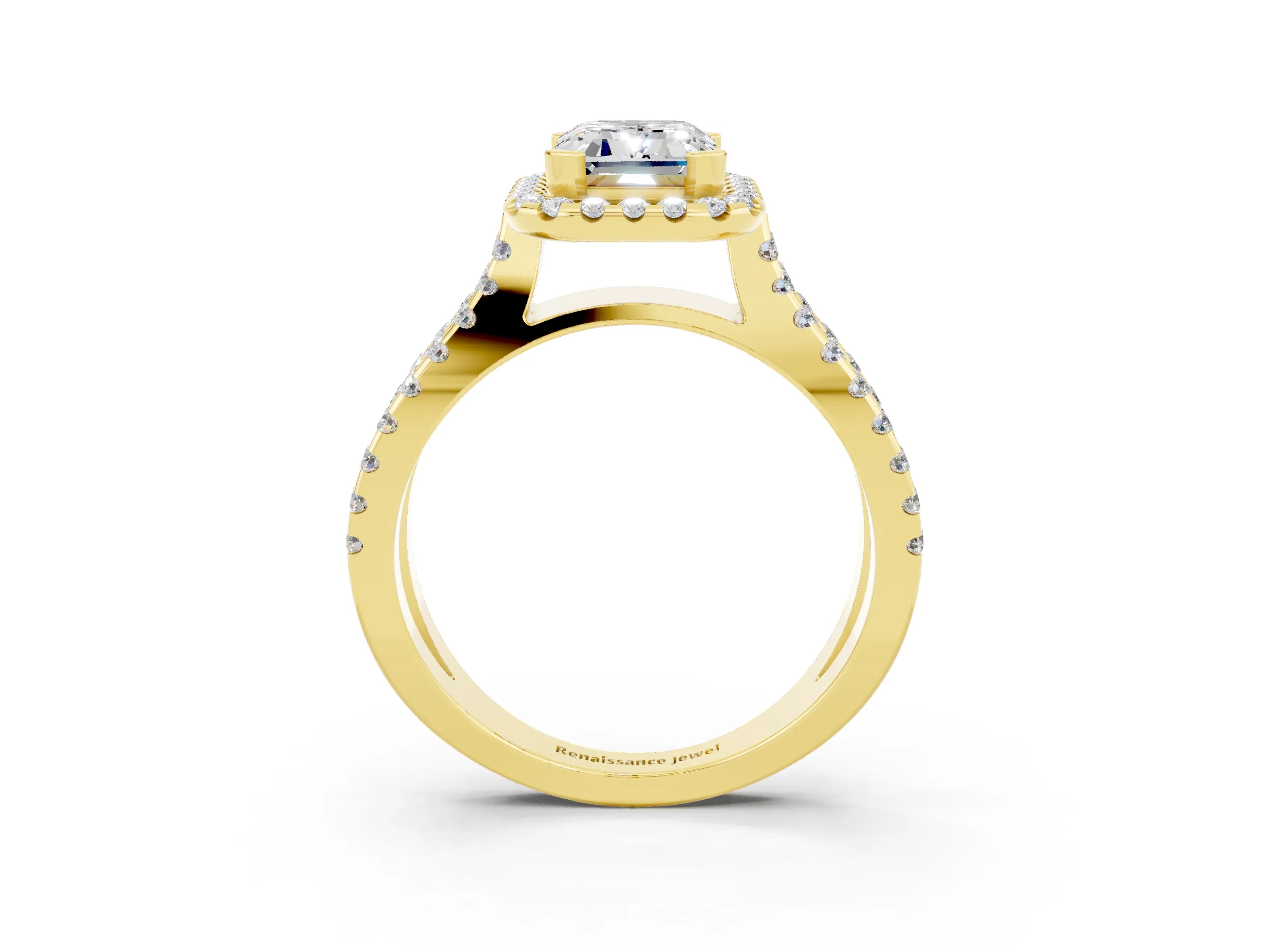 Yellow gold Emerald Cut Moissanite Halo Ring with Split Shank Pavé Band and Prong Setting_3