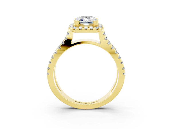 Yellow gold Emerald Cut Moissanite Halo Ring with Split Shank Pavé Band and Prong Setting
