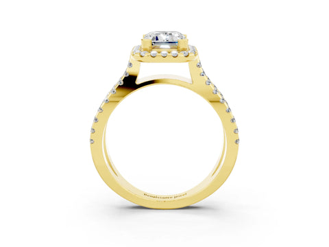 Yellow gold Emerald Cut Moissanite Halo Ring with Split Shank Pavé Band and Prong Setting_3