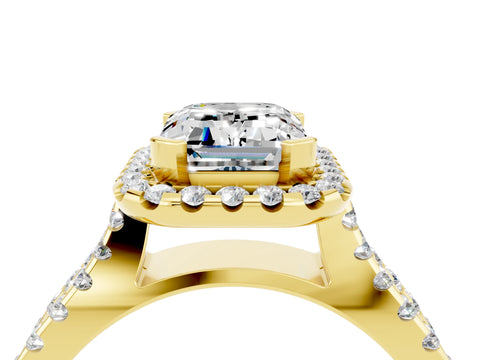 Yellow gold Emerald Cut Moissanite Halo Ring with Split Shank Pavé Band and Prong Setting_4