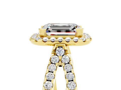 Yellow gold Emerald Cut Moissanite Halo Ring with Split Shank Pavé Band and Prong Setting_5