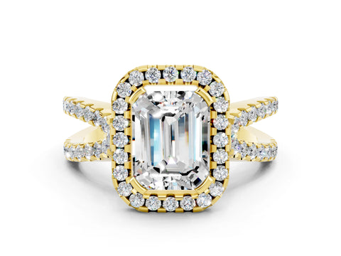 Yellow gold Emerald Cut Moissanite Halo Ring with Split Shank Pavé Band and Prong Setting