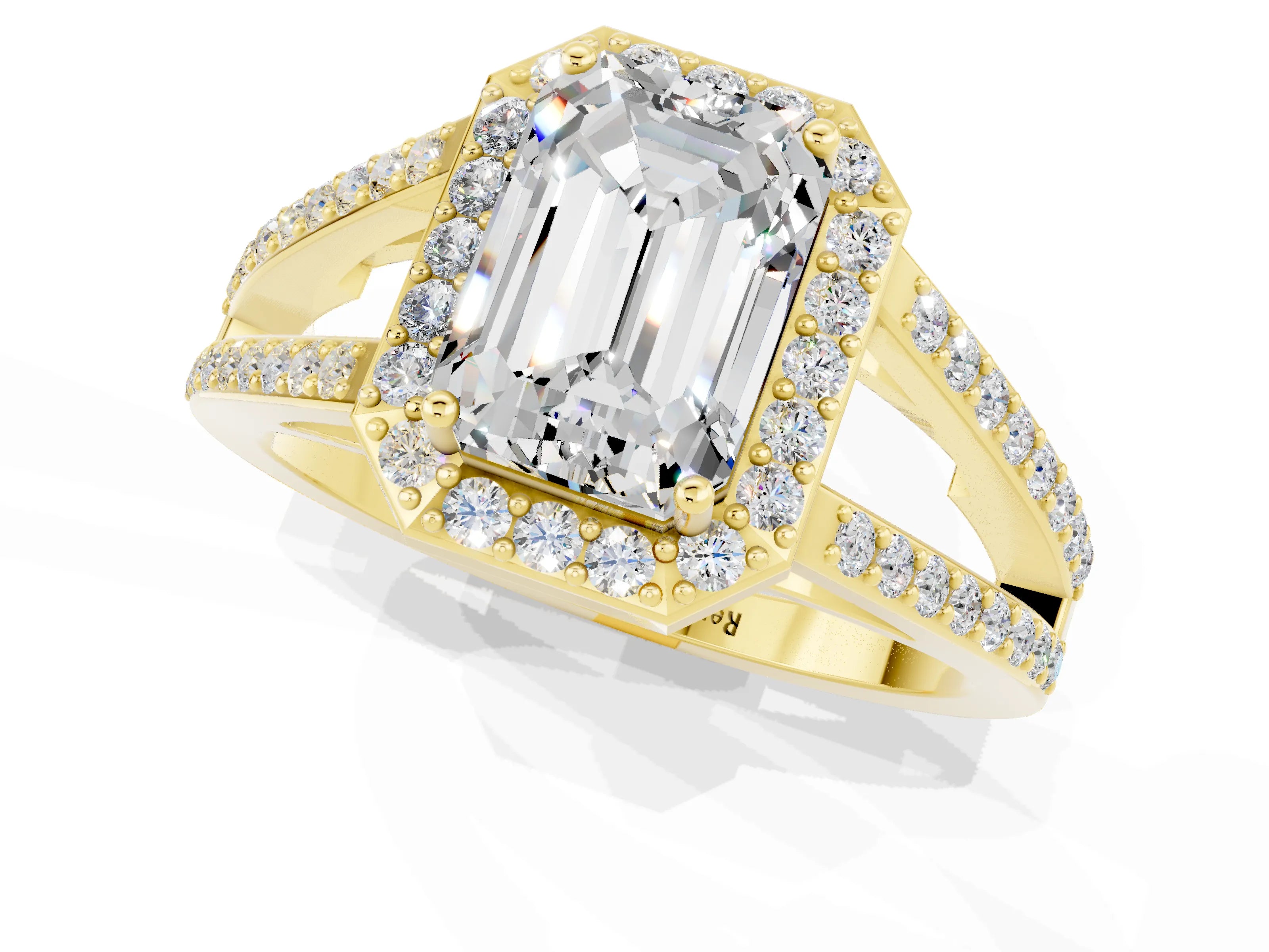 Yellow gold Emerald Cut Moissanite Halo Ring with Split Shank U-Prong Band and Four-Prong Setting_1