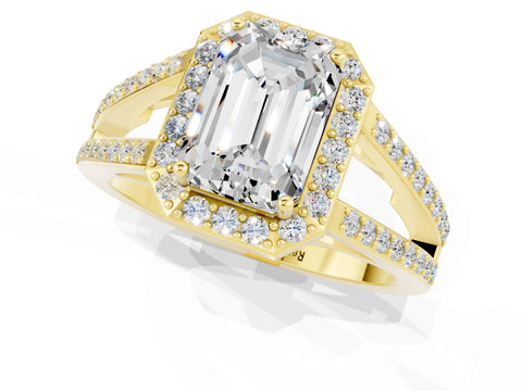 Yellow gold Emerald Cut Moissanite Halo Ring with Split Shank U-Prong Band and Four-Prong Setting_1