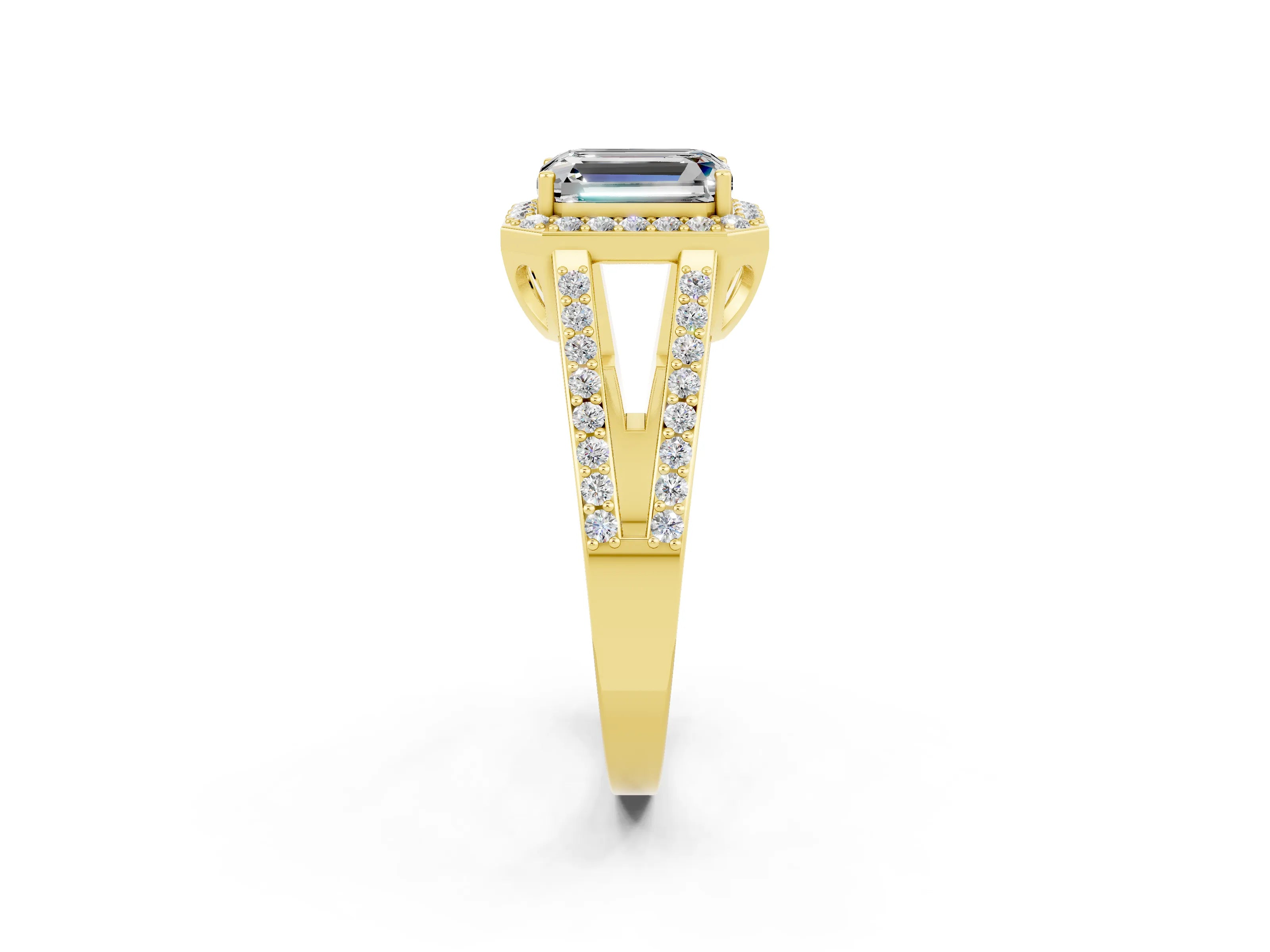 Yellow gold Emerald Cut Moissanite Halo Ring with Split Shank U-Prong Band and Four-Prong Setting_2