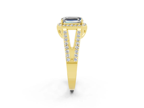 Yellow gold Emerald Cut Moissanite Halo Ring with Split Shank U-Prong Band and Four-Prong Setting
