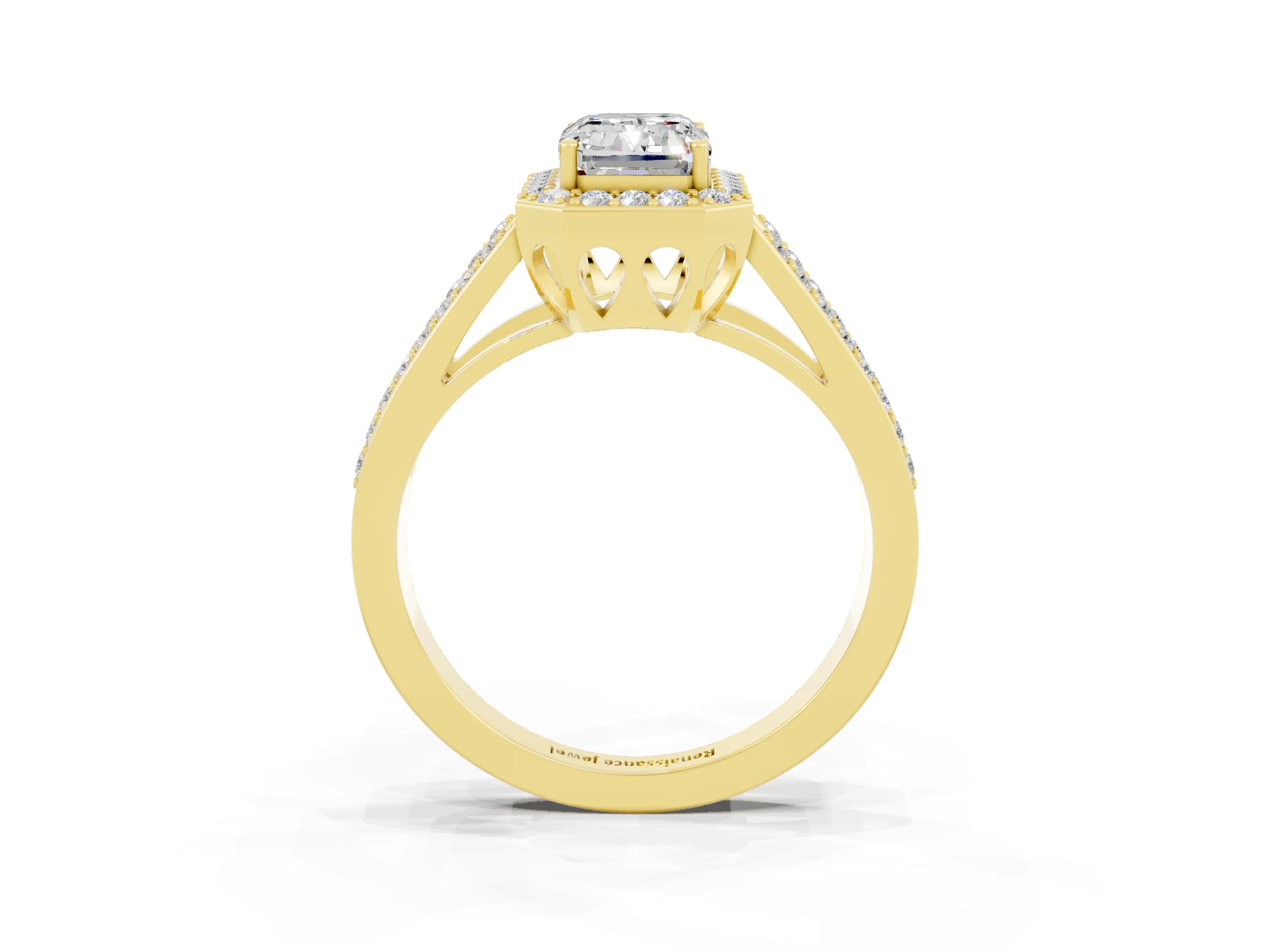 Yellow gold Emerald Cut Moissanite Halo Ring with Split Shank U-Prong Band and Four-Prong Setting_3