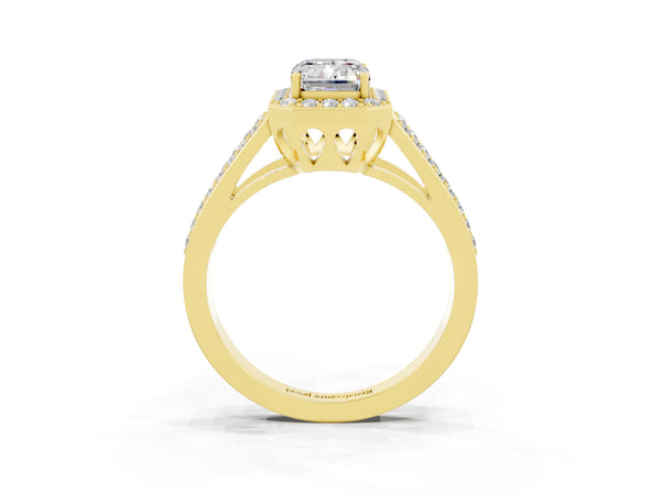 Yellow gold Emerald Cut Moissanite Halo Ring with Split Shank U-Prong Band and Four-Prong Setting
