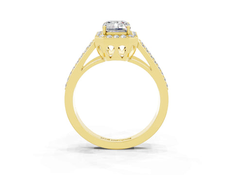 Yellow gold Emerald Cut Moissanite Halo Ring with Split Shank U-Prong Band and Four-Prong Setting_3
