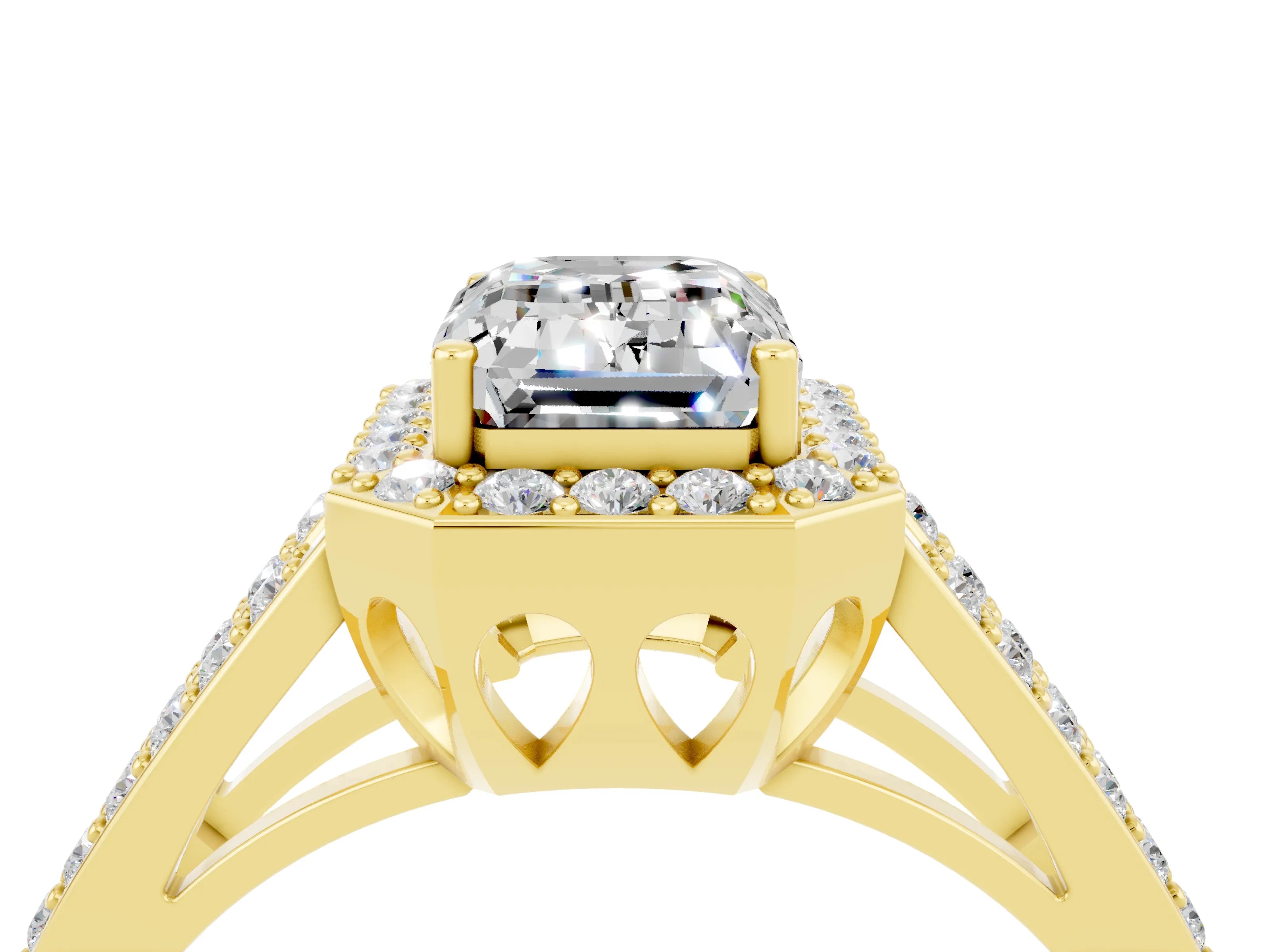 Yellow gold Emerald Cut Moissanite Halo Ring with Split Shank U-Prong Band and Four-Prong Setting_4