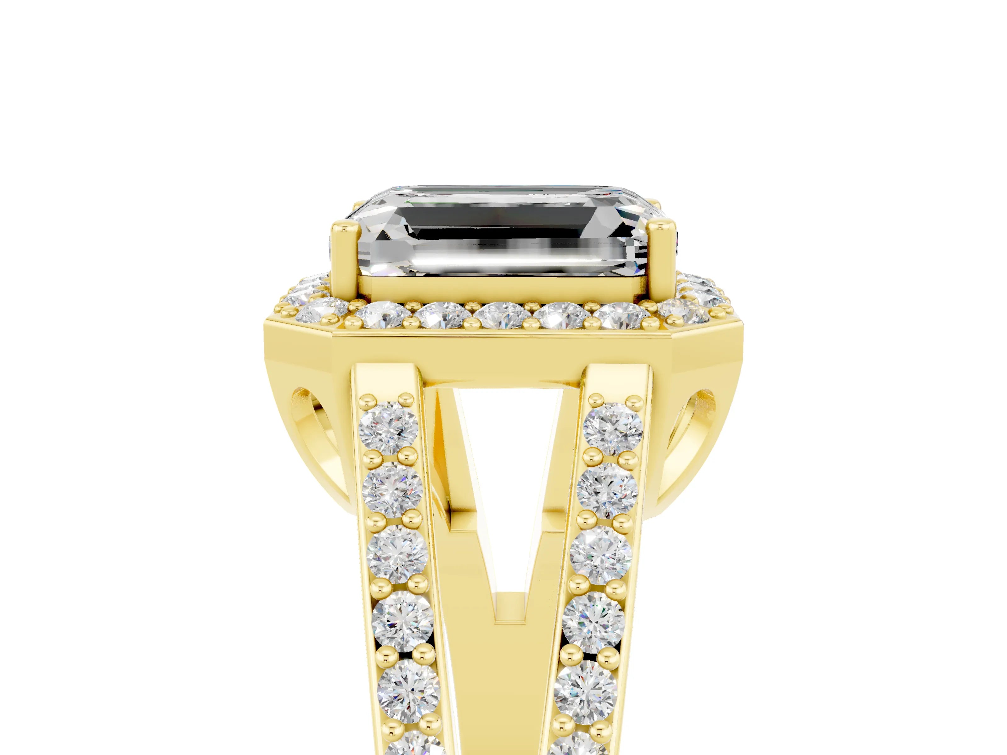 Yellow gold Emerald Cut Moissanite Halo Ring with Split Shank U-Prong Band and Four-Prong Setting_5